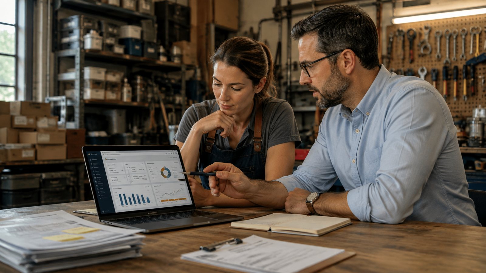 Small business owner reviewing operating and financial information