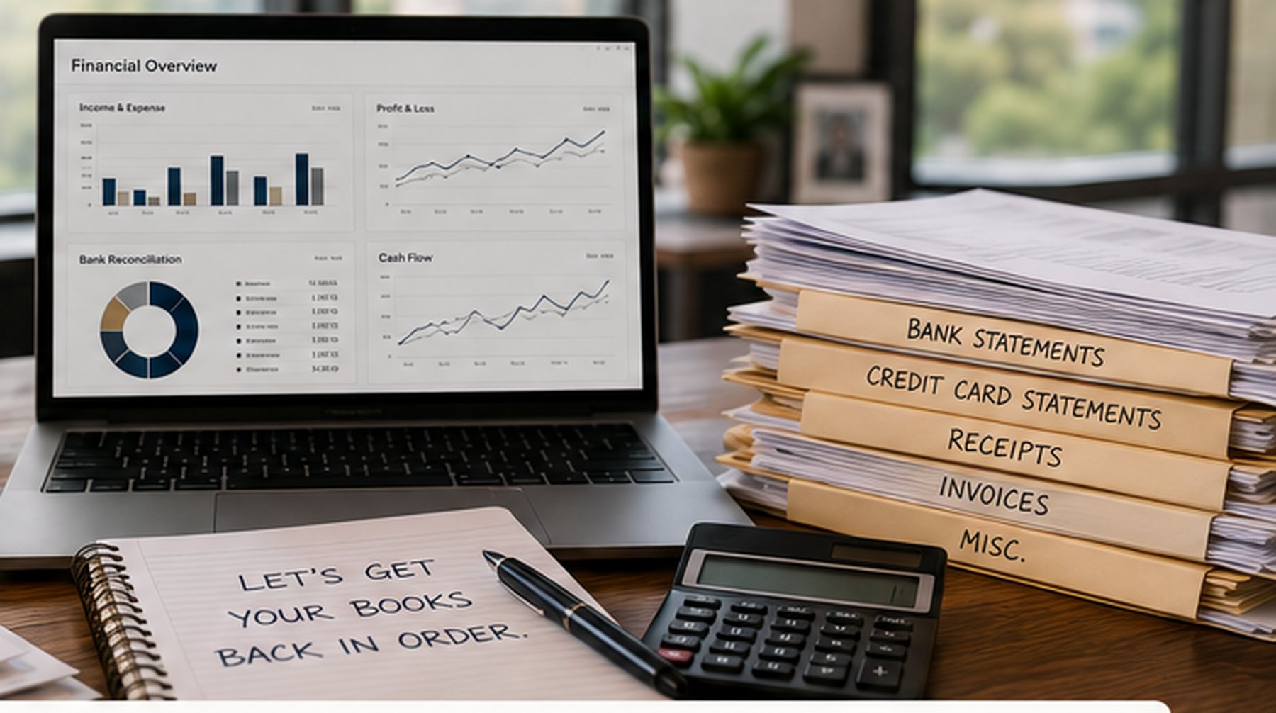 Financial records, bookkeeping documents, and reporting being organized for cleanup